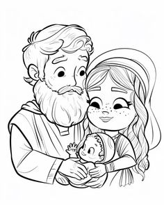 a black and white drawing of a man holding a baby in his arms with a girl