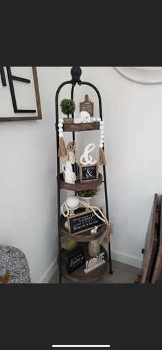 a tall shelf with various items on it