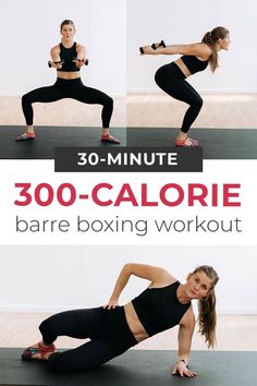 A high-energy, fat burning, full body workout that fuses Cardio Kickboxing and Barre exercises. Burn over 400 calories at home in 30 minutes with the Cardio Kickboxing Barre Workout! This is an intense, full body workout hitting every muscle group in the body. The combination of barre exercises and kickboxing moves means there's tons of variety in this workout; so you won't get bored! Barre Hiit Workout, Cardio Barre Workout, Kickboxing Routine, Resistance Workouts, Intense Full Body Workout, Kickboxing Moves, Barre Strength Workout, Cardio Kickboxing Routine, Cardio Calorie Burning Workout