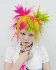 Spiky Pigtails, Hyper Pop, Pink And Purple Hair, Neon Green Hair, Yellow Hair Color, Sunshine Vibes, Mha Oc, Spiky Hair, Dyed Hair Inspiration