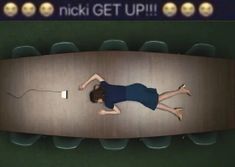 a woman laying on top of a wooden floor in front of a tv screen with the caption nick get up