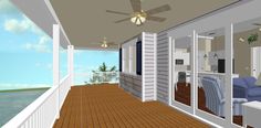 an artist's rendering of a porch with furniture and ceiling fan on the second floor