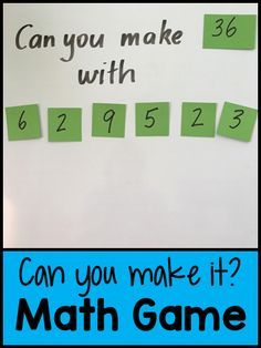 a white board with green squares and numbers on it that says can you make with?