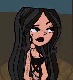 a cartoon girl with long black hair and piercings on her face is staring at the camera