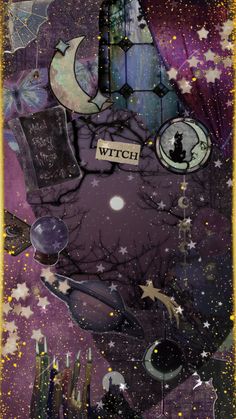 an image of a witch's hand with the moon and stars above it, surrounded by other objects