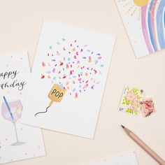 three birthday cards with confetti on them, one for pop and the other for happy birthday