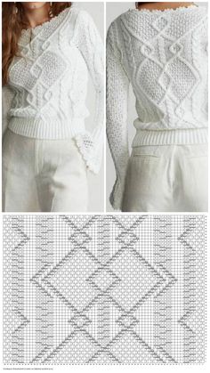 two pictures of the same sweater and pants, one with an openwork pattern on it