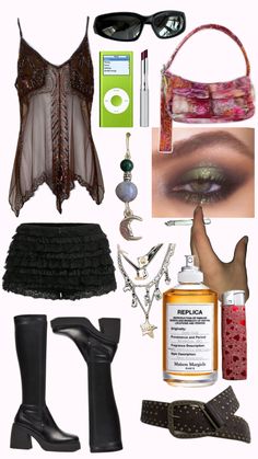 a woman's clothing and accessories including boots, sunglasses, lipstick, eyeliners