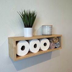 three rolls of toilet paper sitting on top of a wooden shelf next to a potted plant