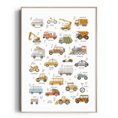 a poster with different types of trucks and cars on it's sides, including the letter