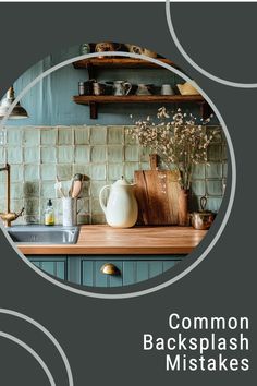 a kitchen counter with pots and pans sitting on it's backsplash