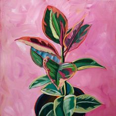 a painting of a potted plant on a pink background