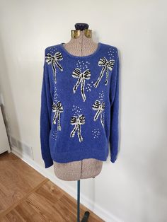 Winter Party Sweater With Crew Neck, Blue Embellished Tops For Fall, Retro Winter Party Tops, Retro Winter Party Top, Winter Embellished Knit Tops, Angora Rabbit, Sequin Bow, 80s Style, Vintage Sweater