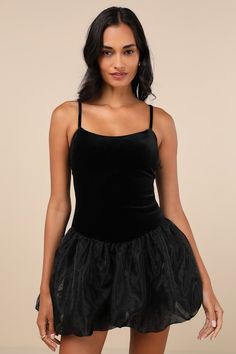 Get ready to charm your way through the event in the Lulus Coquette Energy Black Polka Dot Velvet Drop Waist Mini Dress! Stretchy, plush velvet shapes adjustable spaghetti straps and a figure-hugging bodice with a flattering scoop neckline. Drop-waist silhouette continues into a puffy skirt with velvet polka dots, hidden tulle for volume, and a darling bubble-style mini hem. Hidden zipper/clasp at back. Fit: This garment fits true to size. Length: Mid-thigh. Size medium measures 27.5" from adjus Coquette Energy, Mini Dress Velvet, Puffy Skirt, Bubble Style, Dress Velvet, Black Polka Dot, Drop Waist, Large Size Dresses, Velvet Dress