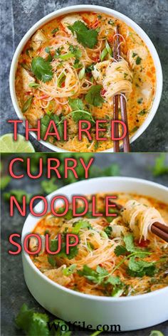 thai curry noodle soup in a white bowl