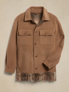 Stella Reversible Shirt Jacket | Banana Republic Fringed Wool Outerwear For Fall, Wool Fringe Outerwear For Fall, Fall Wool Outerwear With Fringe, Fringe Long Sleeve Outerwear For Winter, Brown Fringe Outerwear For Winter, Brown Long-sleeve Fringe Outerwear, Fringed Jacket, Beige Plaid, Jacket Beige