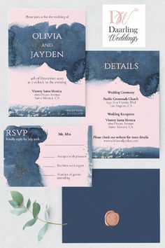 the wedding stationery is set up in navy and pink with gold foil on it