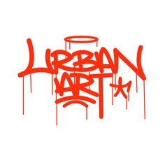 the word urban written in red spray paint on a white background with an orange outline