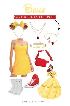 a woman in yellow dress and red shoes next to items from beauty and the beast