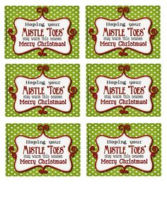 four christmas gift tags with red and green polka dots on the bottom, one for merry christmas