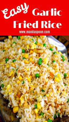 easy garlic fried rice with peas and corn on a black plate, ready to be eaten