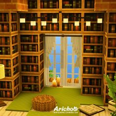 a room filled with lots of wooden bookshelves next to a lamp and window