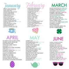 the march calendar is shown in pink, green and blue with teapots on it