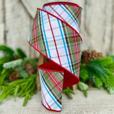 a plaid ribbon wrapped around a vase with pine cones and evergreens in the background