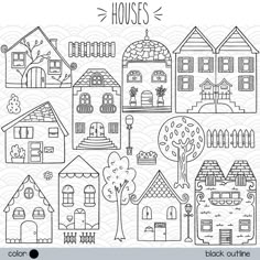 a black and white drawing of houses with the words houses written in different font styles