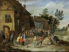 an old painting shows people dancing in front of a house with other people standing around