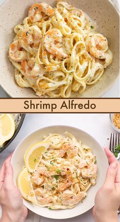 top portion is shrimp alfredo on a plate, bottom portion is shrimp alfredo being made Shrimp Alfredo Pasta Videos, Shrimp Alfredo Videos, Homemade Shrimp Alfredo Sauce, Shrimp Pasta Videos, Easy Pasta With Shrimp, How To Make Shrimp Alfredo, Shrimp Alfredo Recipe Homemade, Shrimps With Pasta, Cheesy Shrimp Pasta