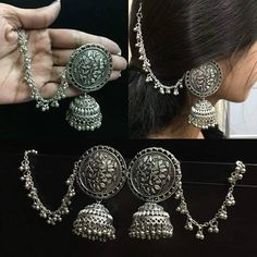 Oxidised Silver Jewelry, Silver Jewelry Accessories, Oxidized Silver Earrings, Indian Jewelry Earrings, Antique Jewellery Designs, Silver Jewellery Indian, Indian Jewellery Design Earrings, Jhumki Earrings, Silver Jewelry Earrings