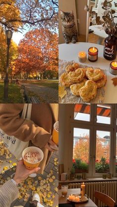 a collage of photos with food, candles and autumn leaves on the ground in front of a window