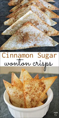 cinnamon sugar wonton crispes in a white bowl with the words cinnamon sugar wonton chips