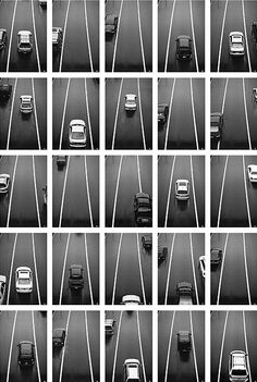 multiple shots of cars parked in a parking lot with white lines on the floor and one is black and white