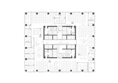 the floor plan for an office building with multiple floors and several rooms, all in black and white