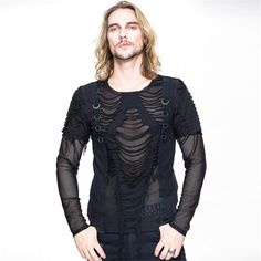 Be in style with this men's tattered and ripped mesh t-shirt. Mens Hair Styles, Ripped Shirt, Industrial Goth, Punk Tops, Ripped Top, Punk Man, Rock Style Outfits, Male Outfits, Ripped Tshirt