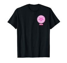 a black t - shirt with pink logo on the chest