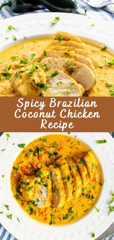 spicy brazilian coconut chicken recipe on a white plate