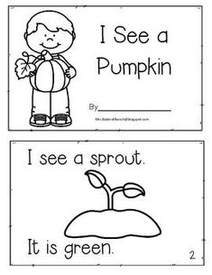 two worksheets with the words i see a pumpkin, i see a sprout and it is green