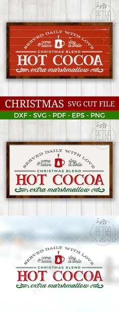 three different types of christmas signs on wooden planks with the words hot cocoa written in red