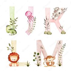 the letter m is made up of watercolor animals, plants and letters that spell it