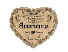 an old - fashioned heart shaped sign with the word amorenta written on it