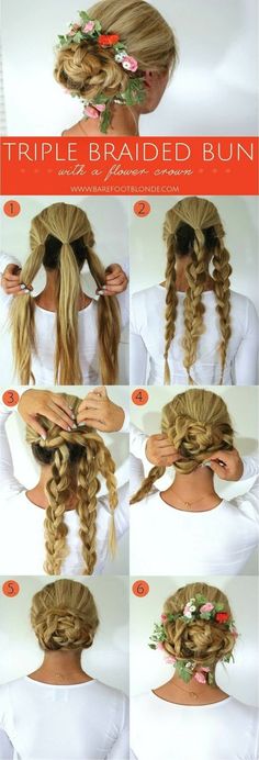 Fun floral hair tutorial #updo #longhair #hairstyle #howto Easy Updo, Cool Braid Hairstyles, Hair Tutorials Easy, Coron, Braided Bun, Braided Hairstyles Tutorials, Short Hairstyle, Hair Updo, Braided Updo