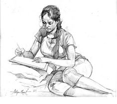 a pencil drawing of a woman sitting on the ground writing in a book with her legs crossed