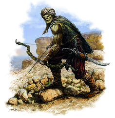 a painting of a man with a bow and arrow in his hand walking on rocks