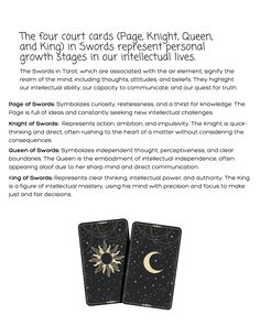 an advertisement with two cards and the caption reads, the four court cards page knight queen and king swords represent personal growth stages in our