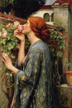 a painting of a woman smelling flowers