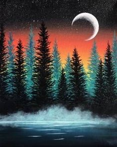 a painting of the night sky with trees and a half moon in the foreground