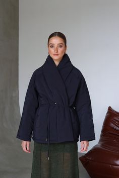 Navy Blue Quilted Jacket Kimono Jacket Winter Puffer Coat Down Jacket Wrap Coat Japanese Quilted Jacket Stand Collar Coat Womens Clothing Navy blue quilted coat of high-quality waterproof raincoat. A kimono jacket with a waist straps sewn into the side seam. Winter puffer jacket with pockets in the side seams. Wrap coat with warm high stand collar will keep you warm from the wind and cold on winter days. A stylish quilted winter down coat with a loose silhouette is a must have for this season. O Winter Windbreaker With Padded Collar, Winter Workwear Windbreaker With Padded Collar, Long Sleeve Puffer Quilted Jacket For Work, Long Sleeve Quilted Puffer Jacket For Work, Quilted Long Sleeve Puffer Jacket For Work, Hooded Padded Collar Workwear Jacket, Hooded Outerwear With Padded Collar For Work, Navy Stand Collar Outerwear For Fall, Long Sleeve Windbreaker For Workwear In Winter